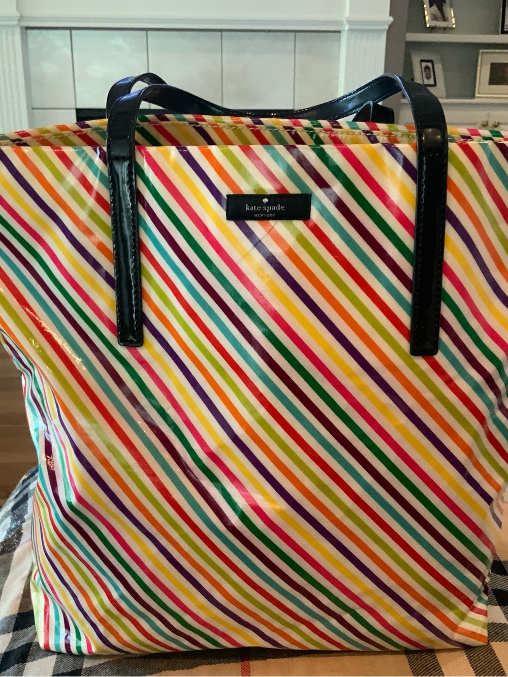 kate spade Multicolor Diagonal Stripe Tote with Black Handles